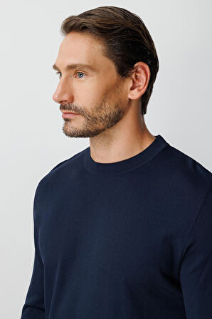 Lacivert Standart Fit Dar Kalıp Bisiklet Yaka Düz Uzun Kollu  Triko