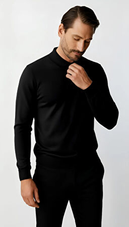 Siyah Standart Fit Dar Kalıp Polo Yaka Düz Uzun Kollu  Rayon Triko