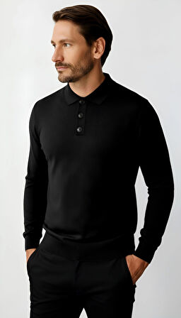 Siyah Standart Fit Dar Kalıp Polo Yaka Düz Uzun Kollu  Rayon Triko