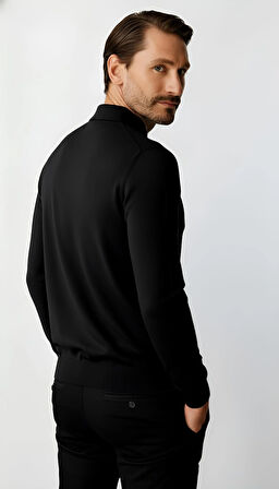 Siyah Standart Fit Dar Kalıp Polo Yaka Düz Uzun Kollu  Rayon Triko