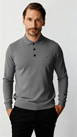 Gri Standart Fit Dar Kalıp Polo Yaka Düz Uzun Kollu  Rayon Triko