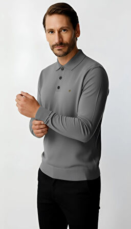 Gri Standart Fit Dar Kalıp Polo Yaka Düz Uzun Kollu  Rayon Triko