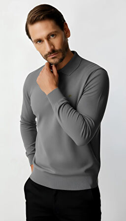 Gri Standart Fit Dar Kalıp Polo Yaka Düz Uzun Kollu  Rayon Triko