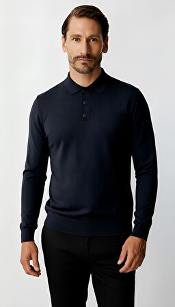 Lacivert Standart Fit Dar Kalıp Polo Yaka Düz Uzun Kollu  Rayon Triko