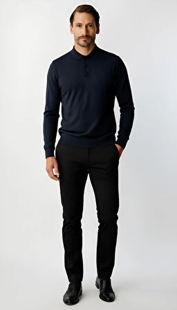 Lacivert Standart Fit Dar Kalıp Polo Yaka Düz Uzun Kollu  Rayon Triko