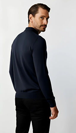 Lacivert Standart Fit Dar Kalıp Polo Yaka Düz Uzun Kollu  Rayon Triko