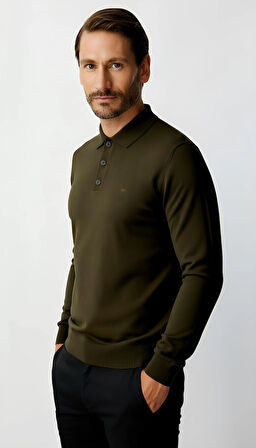 Haki Standart Fit Dar Kalıp Polo Yaka Düz Uzun Kollu  Rayon Triko