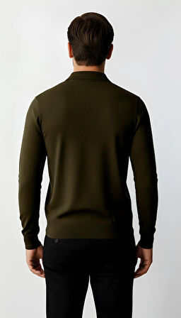 Haki Standart Fit Dar Kalıp Polo Yaka Düz Uzun Kollu  Rayon Triko