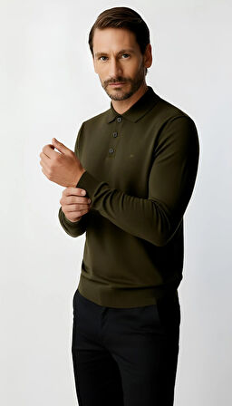 Haki Standart Fit Dar Kalıp Polo Yaka Düz Uzun Kollu  Rayon Triko