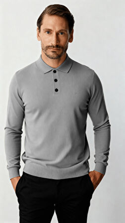 Koyu Gri  Standart Fit Dar Kalıp Polo Yaka Düz Uzun Kollu  Triko