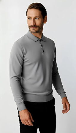 Koyu Gri  Standart Fit Dar Kalıp Polo Yaka Düz Uzun Kollu  Triko