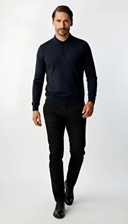 Lacivert Standart Fit Dar Kalıp Polo Yaka Düz Uzun Kollu  Triko
