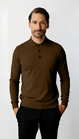 Kahve Standart Fit Dar Kalıp Polo Yaka Düz Uzun Kollu  Triko