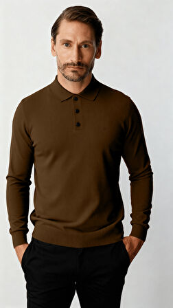 Kahve Standart Fit Dar Kalıp Polo Yaka Düz Uzun Kollu  Triko