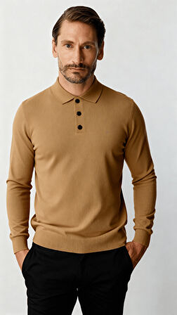 Bej Standart Fit Dar Kalıp Polo Yaka Düz Uzun Kollu  Triko
