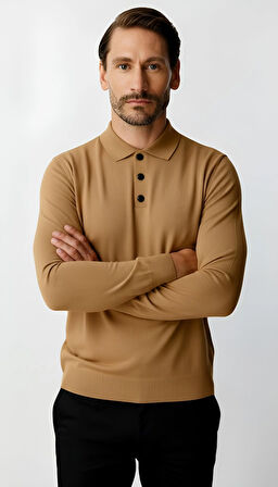 Bej Standart Fit Dar Kalıp Polo Yaka Düz Uzun Kollu  Triko