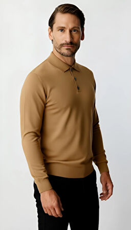 Bej Standart Fit Dar Kalıp Polo Yaka Düz Uzun Kollu  Triko
