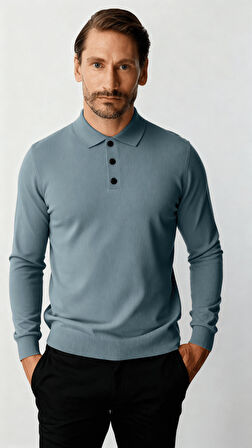 İndigo Standart Fit Dar Kalıp Polo Yaka Düz Uzun Kollu  Triko