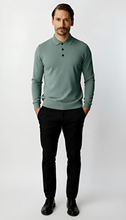 Mint Yeşili Standart Fit Dar Kalıp Polo Yaka Düz Uzun Kollu  Triko