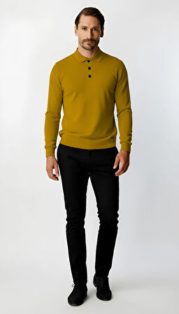 Kehribar Standart Fit Dar Kalıp Polo Yaka Düz Uzun Kollu  Triko