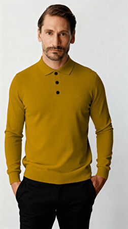 Kehribar Standart Fit Dar Kalıp Polo Yaka Düz Uzun Kollu  Triko