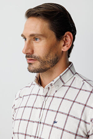 Ekru Dynamic Fit  Düğmeli Yaka  Ekose Uzun Kollu Pamuklu Gömlek