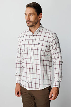 Ekru Dynamic Fit  Düğmeli Yaka  Ekose Uzun Kollu Pamuklu Gömlek