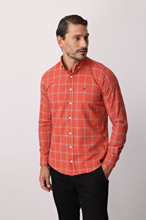 Kırmızı Dynamic Fit  Düğmeli Yaka  Ekose Uzun Kollu Pamuklu Gömlek