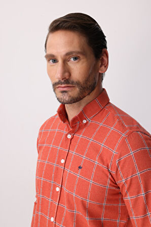 Kırmızı Dynamic Fit  Düğmeli Yaka  Ekose Uzun Kollu Pamuklu Gömlek