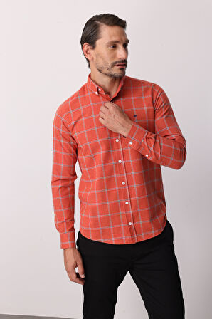 Kırmızı Dynamic Fit  Düğmeli Yaka  Ekose Uzun Kollu Pamuklu Gömlek