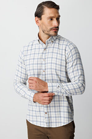 Ekru Dynamic Fit  Düğmeli Yaka  Ekose Uzun Kollu Pamuklu Gömlek