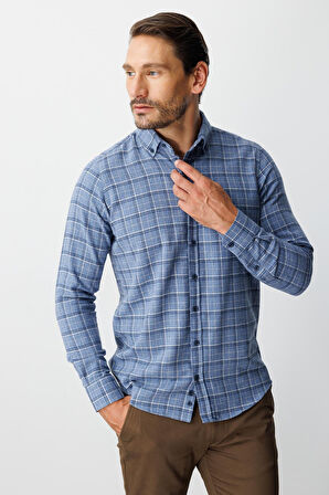Mavi Dynamic Fit  Düğmeli Yaka  Ekose Uzun Kollu Pamuklu Gömlek
