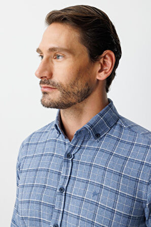 Mavi Dynamic Fit  Düğmeli Yaka  Ekose Uzun Kollu Pamuklu Gömlek