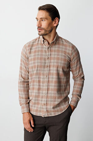 Kiremit Dynamic Fit  Düğmeli Yaka  Ekose Uzun Kollu Pamuklu Gömlek