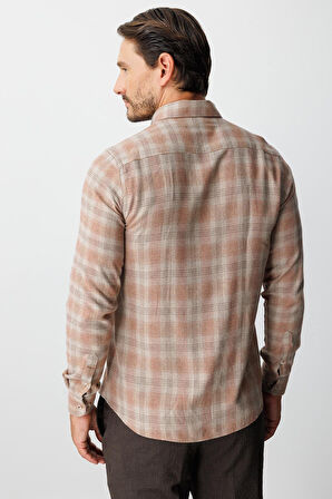 Kiremit Dynamic Fit  Düğmeli Yaka  Ekose Uzun Kollu Pamuklu Gömlek