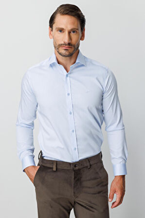 Mavi Slim Fit Dar Kalıp Klasik Yaka Düz Uzun Kollu Cepsiz %100 Pamuk Gömlek