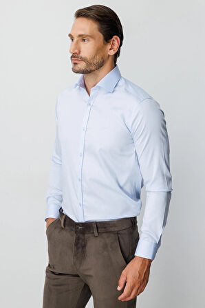 Mavi Slim Fit Dar Kalıp Klasik Yaka Düz Uzun Kollu Cepsiz %100 Pamuk Gömlek