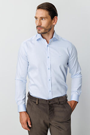 Mavi Slim Fit Dar Kalıp Klasik Yaka Düz Uzun Kollu Cepsiz %100 Pamuk Gömlek
