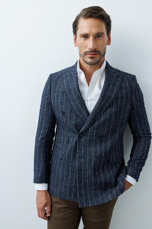Erkek Lacivert Slim Fit Kruvaze Ceket – Geniş Kırlangıç Yaka Desenli