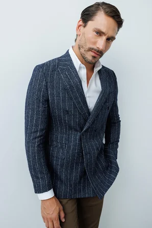 Erkek Lacivert Slim Fit Kruvaze Ceket – Geniş Kırlangıç Yaka Desenli