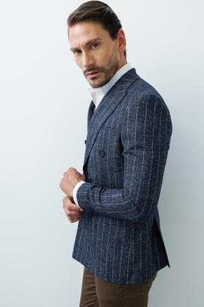 Erkek Lacivert Slim Fit Kruvaze Ceket – Geniş Kırlangıç Yaka Desenli
