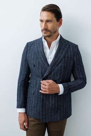 Erkek Lacivert Slim Fit Kruvaze Ceket – Geniş Kırlangıç Yaka Desenli