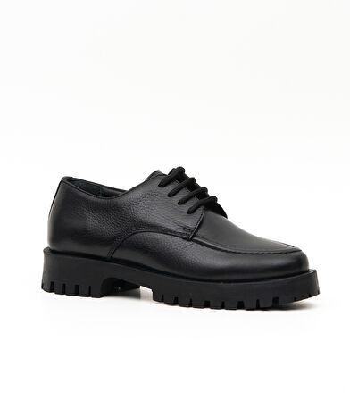 Hakiki Deri Bağcıklı Kadın Loafer Ayakkabı Kalın Taban