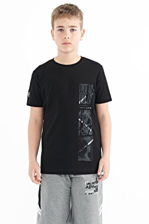 Siyah Baskı Detaylı O Yaka Standart Kalıp Erkek Çocuk T-Shirt - 11104 | 8-9