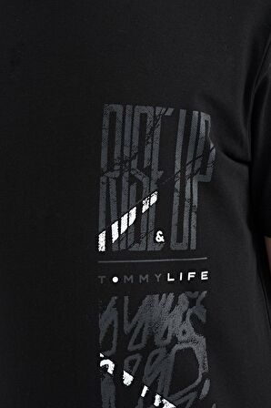 Siyah Baskı Detaylı O Yaka Standart Kalıp Erkek Çocuk T-Shirt - 11104 | 8-9