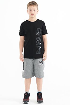 Siyah Baskı Detaylı O Yaka Standart Kalıp Erkek Çocuk T-Shirt - 11104 | 8-9