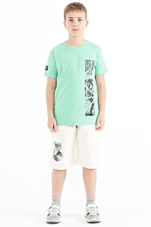 Su Yeşili Baskı Detaylı O Yaka Standart Kalıp Erkek Çocuk T-Shirt - 11104 | 7-8
