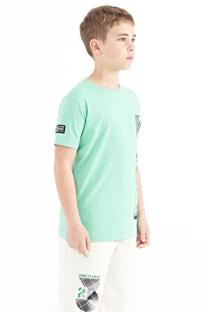 Su Yeşili Baskı Detaylı O Yaka Standart Kalıp Erkek Çocuk T-Shirt - 11104 | 5-6