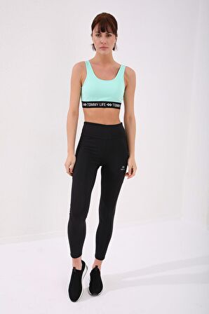 Tommy Life Mint Yeşili Yazı Şeritli Standart Kalıp U Yaka Kadın Spor Büstiyer - 97113 | XL