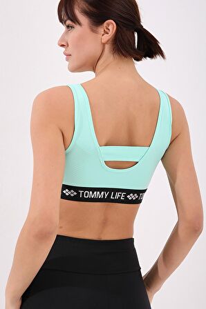 Tommy Life Mint Yeşili Yazı Şeritli Standart Kalıp U Yaka Kadın Spor Büstiyer - 97113 | XL